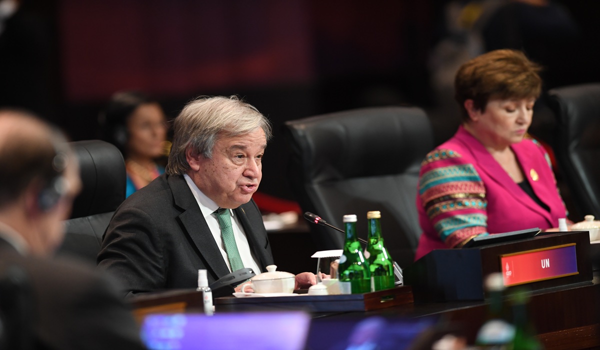 Sekjen PBB Antonio Guterres menyampaikan pandangannya saat sesi pembukaan KTT G20 Indonesia 2022 di Nusa Dua, Bali, Selasa (15/11/2022(ANTARA FOTO/Media Center G20 Indonesia/Aditya Pradana Putra/wsj.)