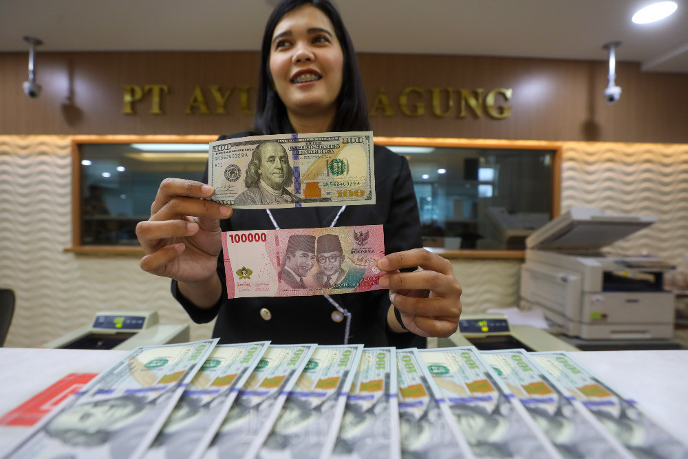 Karyawan menghitung uang dolar AS di salah satu penukaran uang di Jakarta, Selasa (24/6/2025). Bisnis/Abdurachman