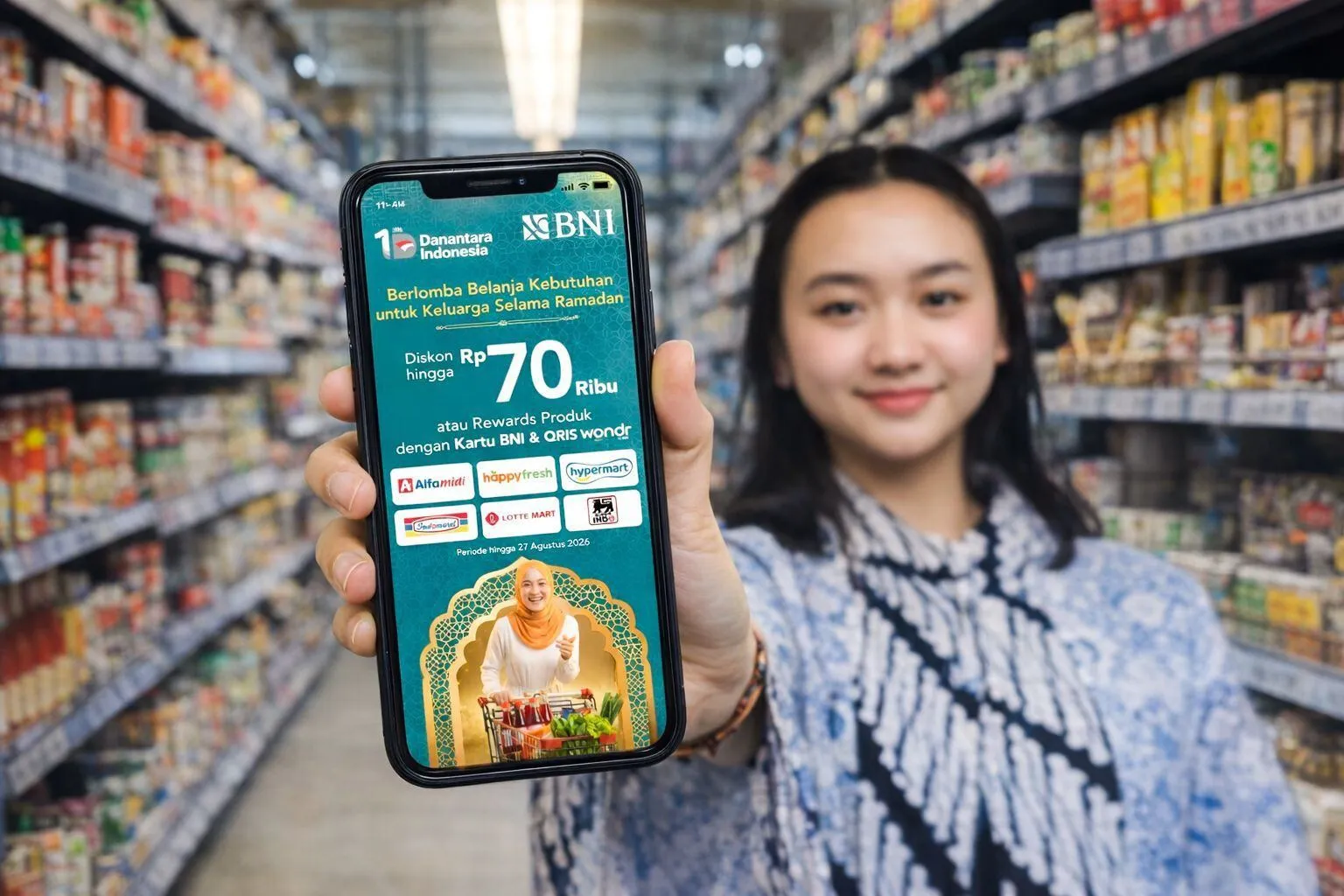 BNI menghadirkan promo Ramadhan dengan diskon hingga Rp70.000 di Alfamidi, Indomaret, Hypermart, Super Indo, dan merchant grocery lainnya. (Foto: Dok. BNI)
