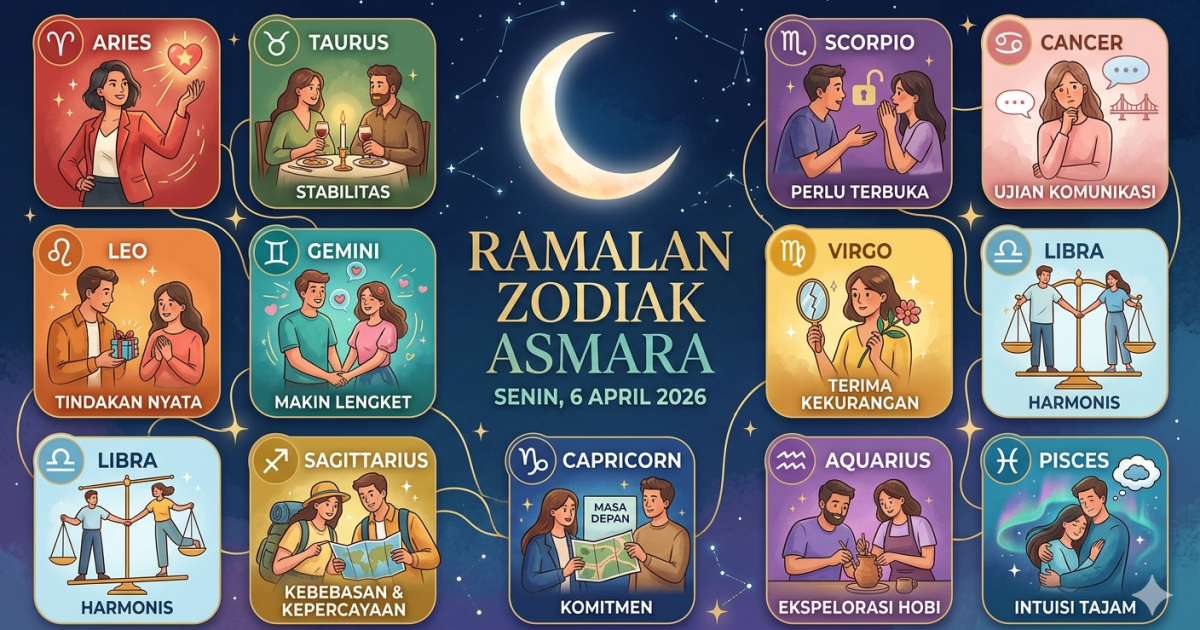Ramalan Zodiak Asmara Senin 6 April 2026: Gemini Makin Lengket, Scorpio Perlu Terbuka