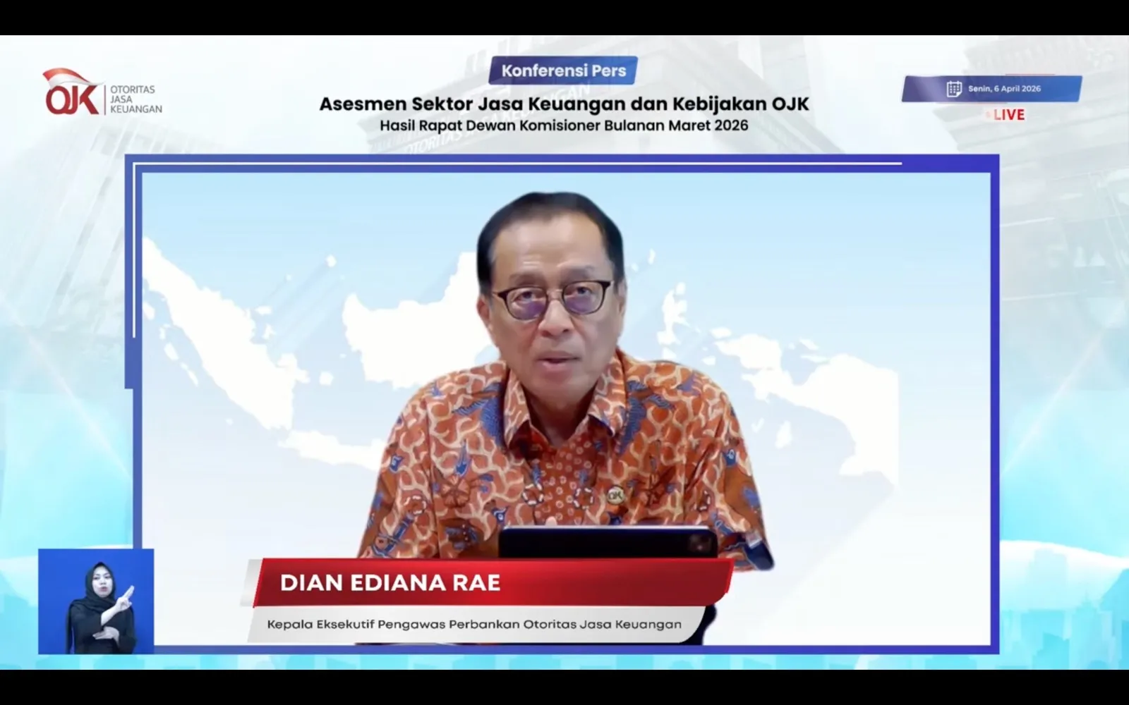 Kepala Eksekutif Pengawas Perbankan OJK, Dian Ediana Rae dalam RDK OJK, Senin, 6 April 2026. (Foto: Tangkapan Layar)