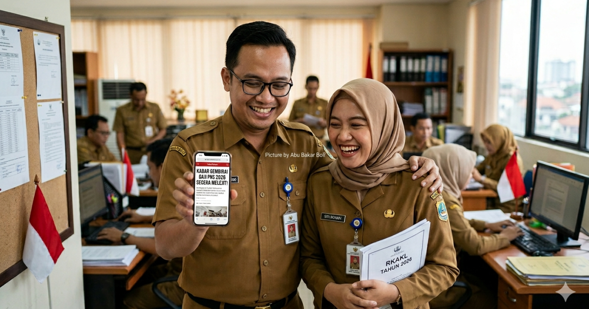 Ilustrasi ASN tersenyum bahagia melihat berita kenaikan gaji tahun 2026. (Foto Gemini/Abu Bakar Boli)