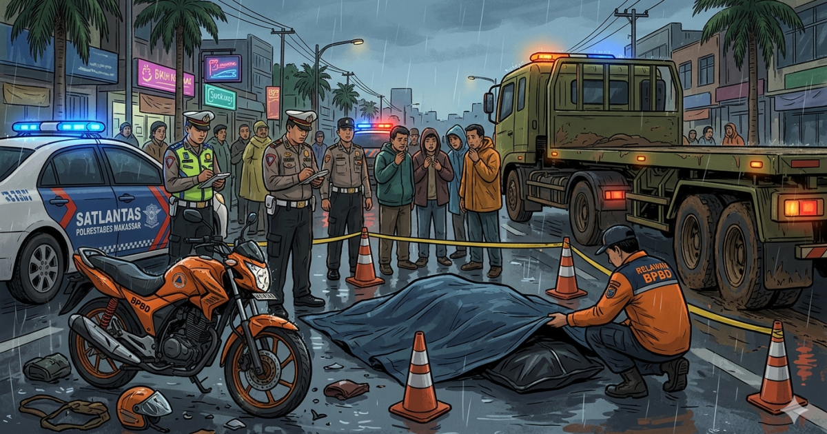 Ilustrasi petugas BPBD tewas ditabrak truk tronton di Kecamatan Tallo, Makassar, pada Sabtu malam, 11 April 2026, sekitar pukul 19.00 WITA. (Gemini/Dayfri)