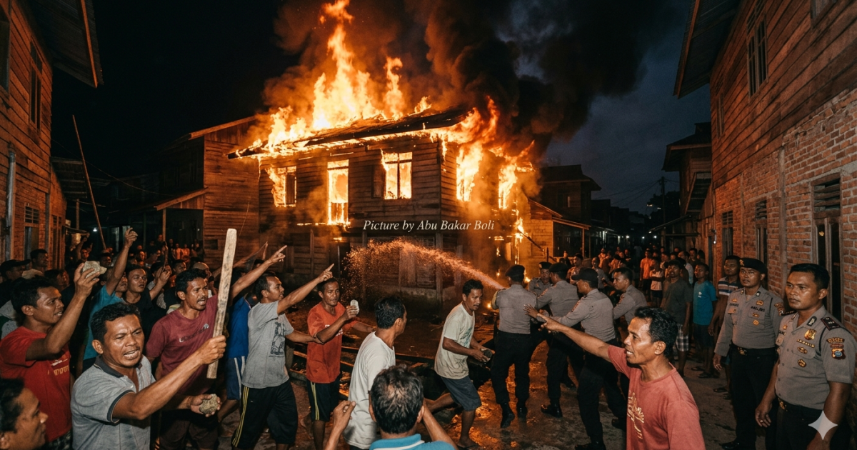 Ilustrasi kerusuhan massa di Panipahan akibat amukan warga yang membakar rumah terduga bandar narkoba. Tensi tinggi terlihat jelas dengan hadirnya aparat kepolisian. (Gemini / Abu Bakar Boli)