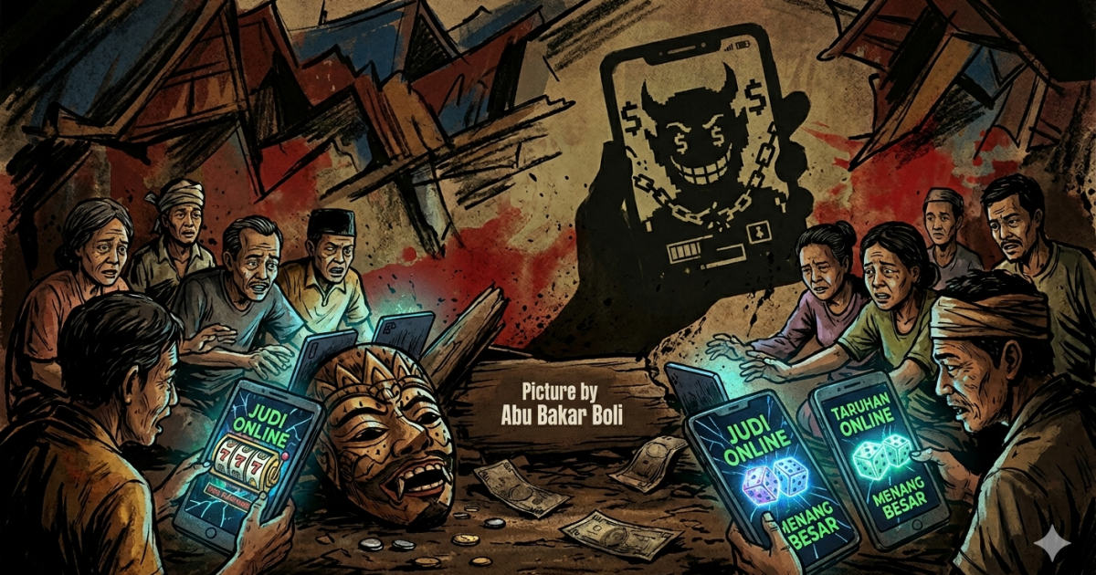 Ilustrasi kelam warga terjerat judi online dari ponsel, dalam bayang-bayang iblis dan topeng tradisional yang hancur, di tengah puing penderitaan. (Gemini / Abu Bakar Boli)