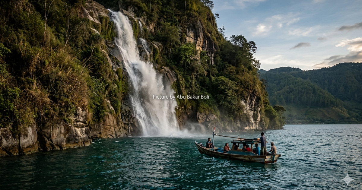 Ilustrasi: Keindahan Air Terjun Situmurun di Danau Toba yang megah, dengan wisatawan di perahu kayu menikmati pemandangan alam Sumatera Utara yang memukau. (Gemini / Abu Bakar Boli)