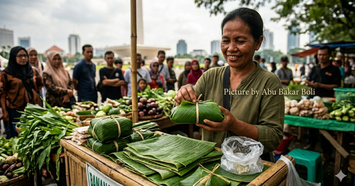 Ilustrasi pedagang pasar tradisional di Jakarta merangkai bungkusan daun pisang yang ramah lingkungan dengan senyum ramah, berlatar belakang keramaian kota dan Monas. (Gemini / Abu Bakar Boli)