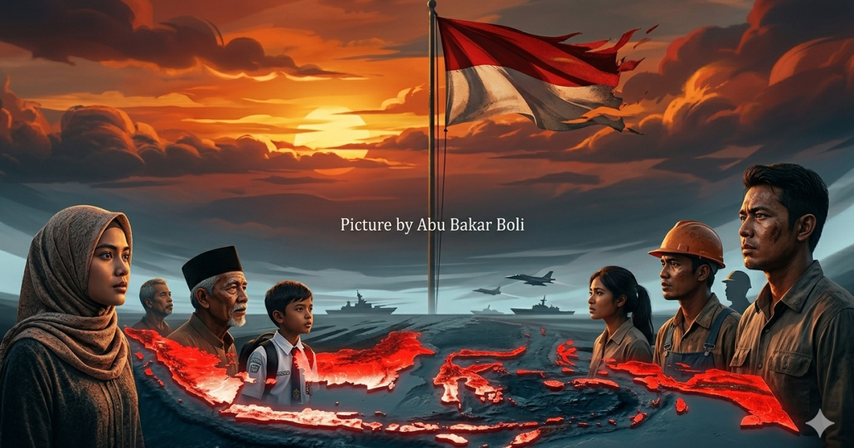 Ilustrasi patriotik menggambarkan keberagaman rakyat Indonesia menatap Merah Putih di bawah langit senja, menegaskan kedaulatan di atas peta Nusantara yang menyala. (Gemini / Abu Bakar Boli)