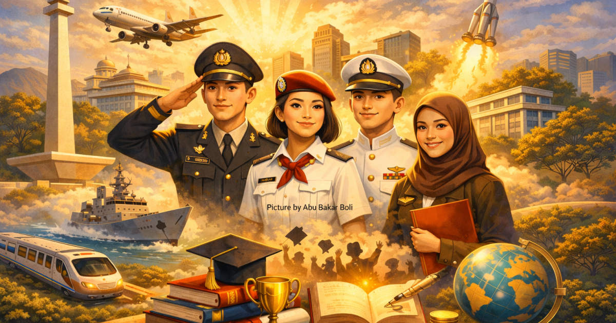 Ilustrasi generasi muda Indonesia meraih masa depan cerah melalui pendidikan kedinasan dan beasiswa, penuh semangat, harapan, dan peluang emas (AI/ Abu Bakar Boli)