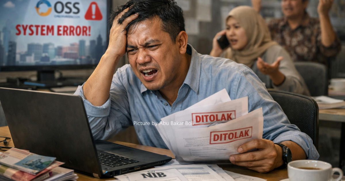 Ilustrasi kegelisahan pelaku usaha menghadapi sistem OSS bermasalah, berkas ditolak, layar error, dan tekanan birokrasi memicu frustrasi serta ketidakpastian usaha (AI/ Abu Bakar Boli)