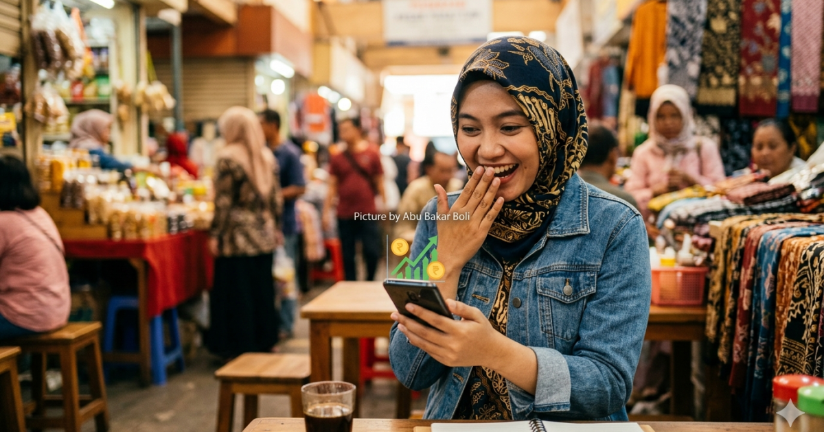 Ilustrasi ekspresi terkejut bahagia seorang wanita berhijab melihat data pertumbuhan ekonomi yang pesat di ponselnya, berlatar belakang suasana pasar tradisional. (Foto AI/Abu Bakar Boli)