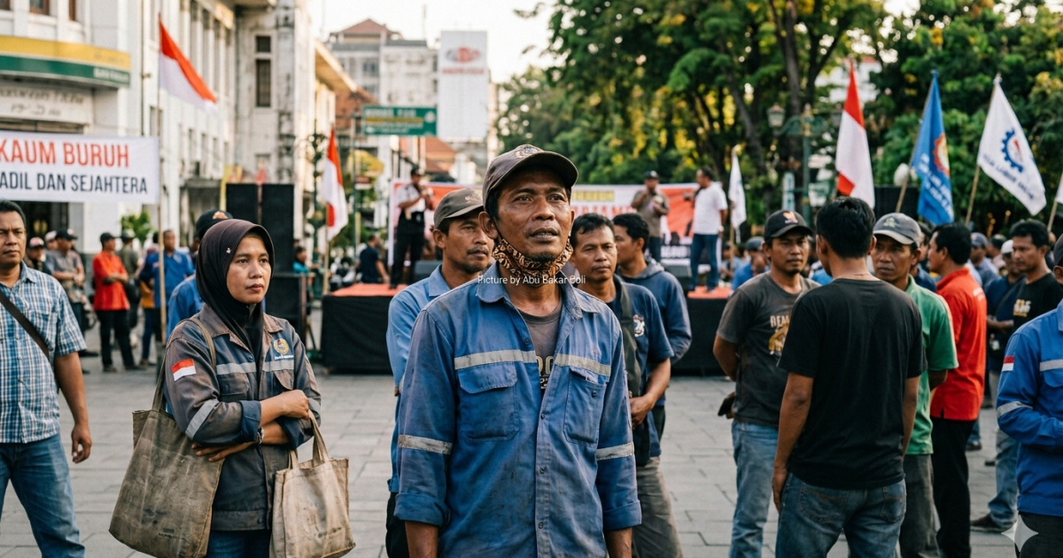Ilustrasi situasi para buruh pabrik yang sedang berkumpul di jalanan kota dalam aksi unjuk rasa, menuntut kesejahteraan yang lebih baik dengan harapan penuh gejolak. (AI/ Abu Bakar Boli)