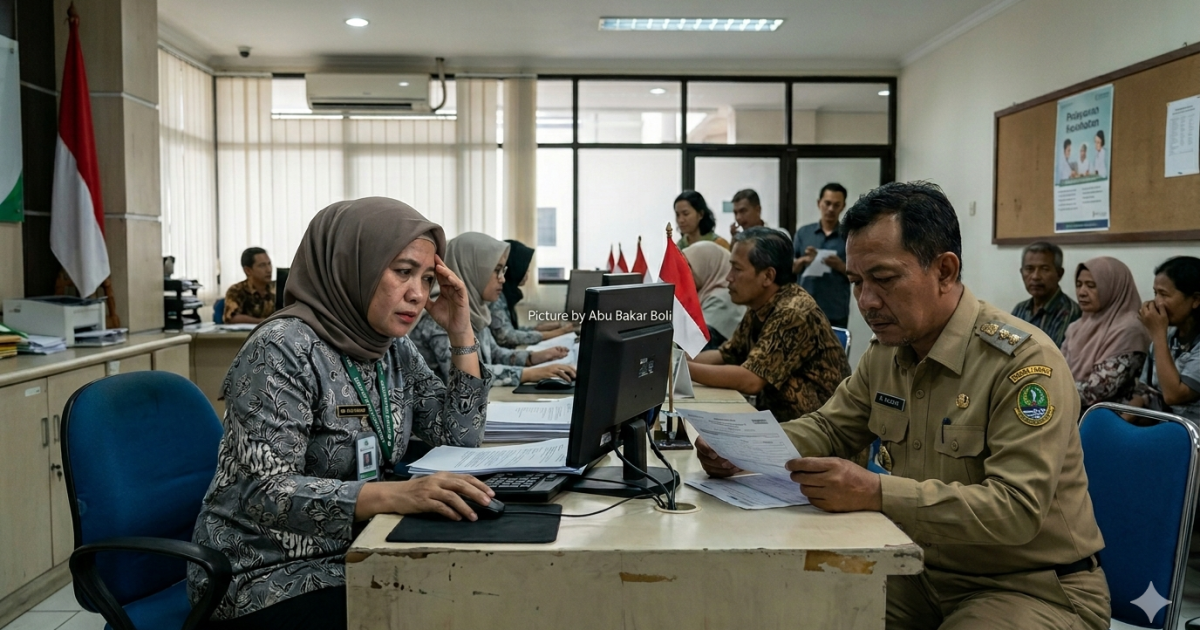 Ilustrasi suasana pelayanan di kantor BPJS Kesehatan, di mana seorang petugas wanita tampak serius melayani seorang ASN Pemda di tengah keramaian antrean. (Foto AI/ Abu Bakar Boli)