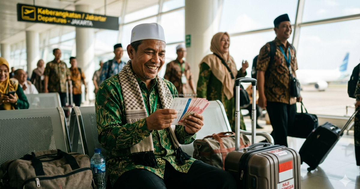 Ilustrasi jemaah haji Indonesia di bandara tersenyum bahagia sambil menghitung uang, mencerminkan rasa syukur dan kesiapan untuk beribadah ke Tanah Suci yang dinanti. (AI/ Abu Bakar Boli)