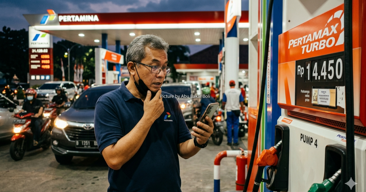 Ilustrasi seorang pria terkejut melihat lonjakan harga Pertamax Turbo di SPBU Pertamina melalui ponselnya, menggambarkan reaksi publik terhadap fluktuasi harga BBM. (Foto AI/ Abu Bakar Boli)