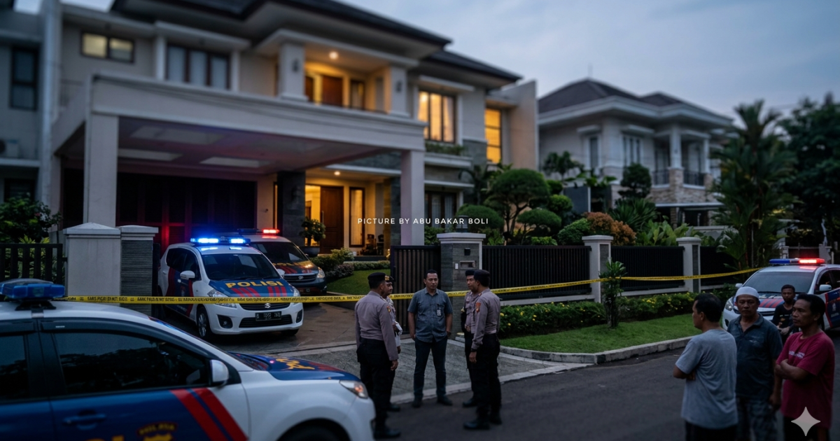 Ilustrasi garis polisi melintang di depan rumah mewah pasca tragedi memilukan. Petugas dan warga berkerumun di lokasi kejadian, diselimuti suasana tegang dan misterius. (Foto AI/ Abu Bakar Boli)