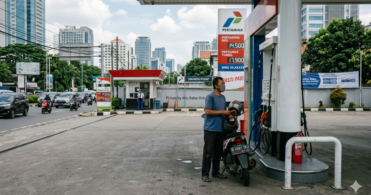 Ilustrasi pengendara motor kaget melihat lonjakan harga BBM non-subsidi di papan penunjuk harga sebuah SPBU Pertamina Jakarta Pusat yang sepi pembeli saat sore hari. (Foto AI/ Abu Bakar Boli)