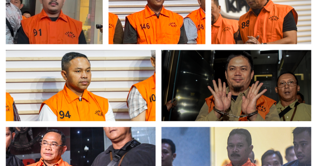 (Kolase dari kiri atas ke bawah) Bupati Bekasi Ade Kuswara Kunang, Bupati Lampung Tengah Ardito Wijaya, Bupati Ponorogo Sugiri Sancoko, Gubernur Riau Abdul Wahid, Bupati Kolaka Timur, Abdul Azis, Bupati Pati Sudewo, Wali Kota Madiun, Maidi. (ANTARA FOTO/Muhammad Adimaja, Indrianto Eko Suwarso, Asprilla Dwi Adha, Muhammad Adimaja, KOMPAS.com/Haryanti Puspa Sari)