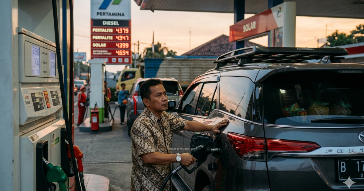 Ilustrasi seorang pria mengisi BBM di SPBU Pertamina dengan ekspresi tegang akibat harga Solar yang tinggi, mencerminkan dampak lonjakan biaya operasional kendaraan diesel (Foto AI / Abu Bakar Boli)