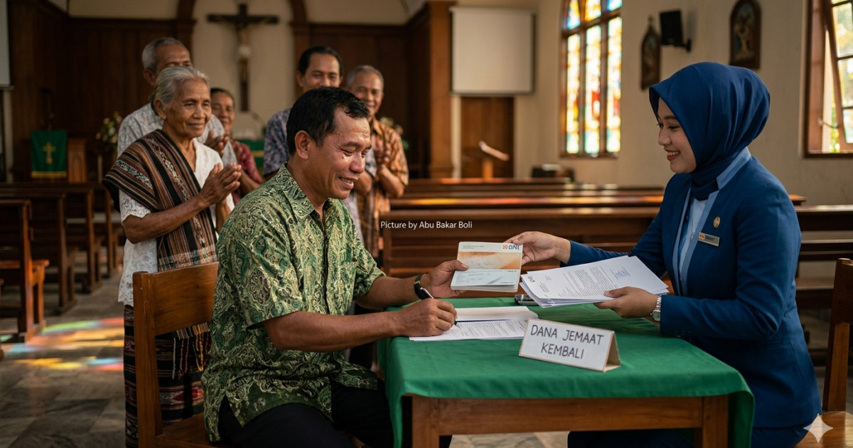 Ilustrasi momen haru penyerahan dana jemaat dari pihak bank kembali ke tangan warga di dalam gereja, menjadi simbol harapan dan solusi finansial yang transparan. (Foto AI/ Abu Bakar Boli)