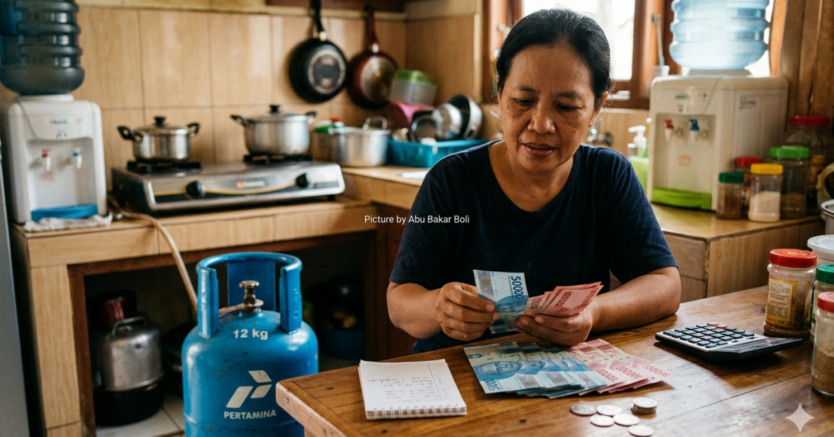 Ilustrasi seorang ibu rumah tangga sedang menghitung pengeluaran belanja bulanan dengan ekspresi cemas di dapur sederhana setelah mengetahui harga tabung gas Elpiji 12 kg melonjak naik. (Foto AI/ Abu Bakar Boli)