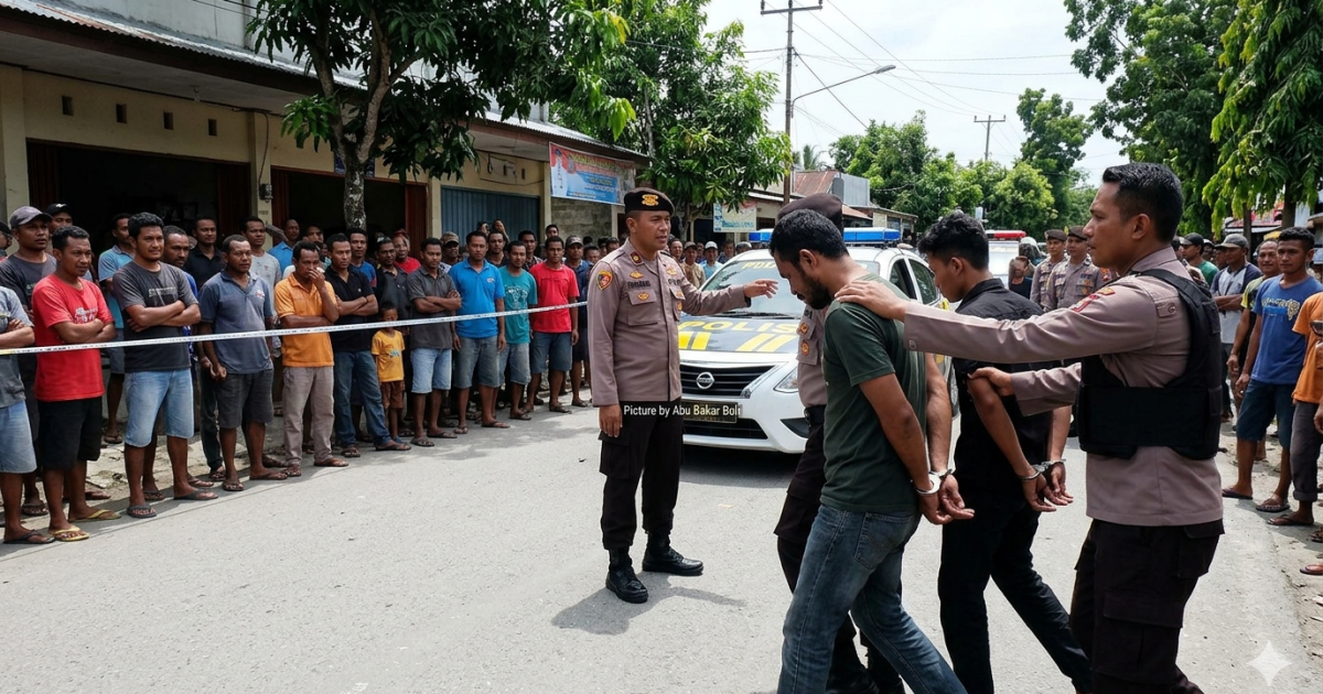 Ilustrasi dua pria diamankan petugas tak lama setelah insiden tragis yang merenggut nyawa Ketua Golkar Maluku Tenggara akibat aksi penikaman, menyita perhatian warga setempat. (Foto AI/ Abu Bakar Boli)