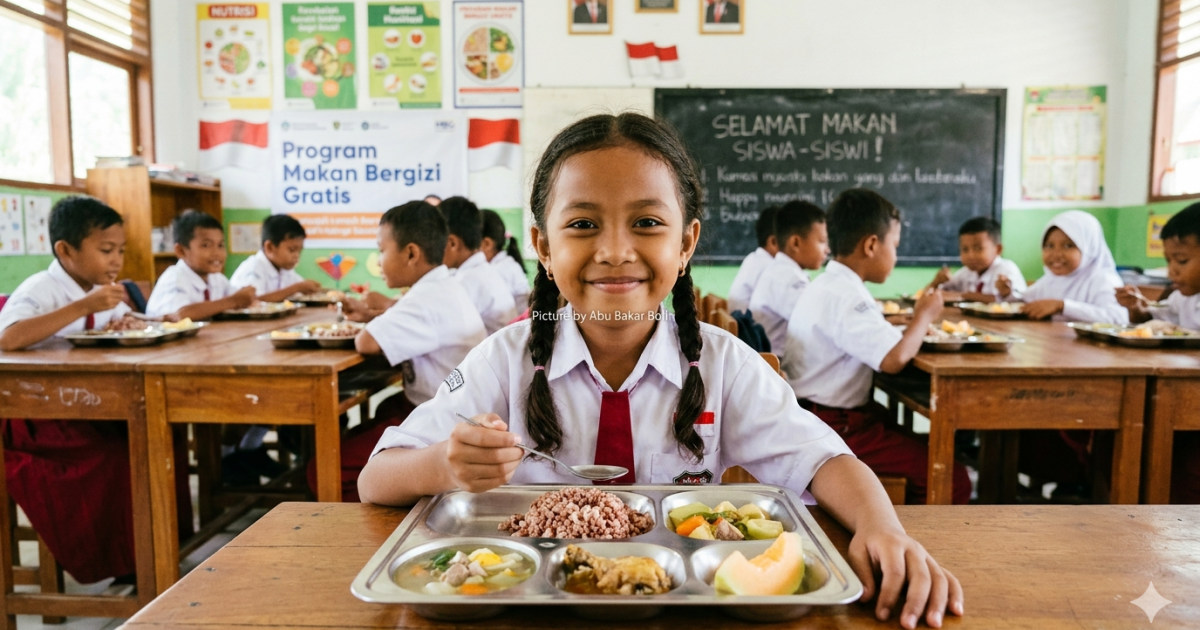 Ilustrasi siswa SD di Indonesia tersenyum gembira menikmati program makan siang gratis bergizi di ruang kelas dengan menu lengkap sehat. (Foto AI/ Abu Bakar Boli)