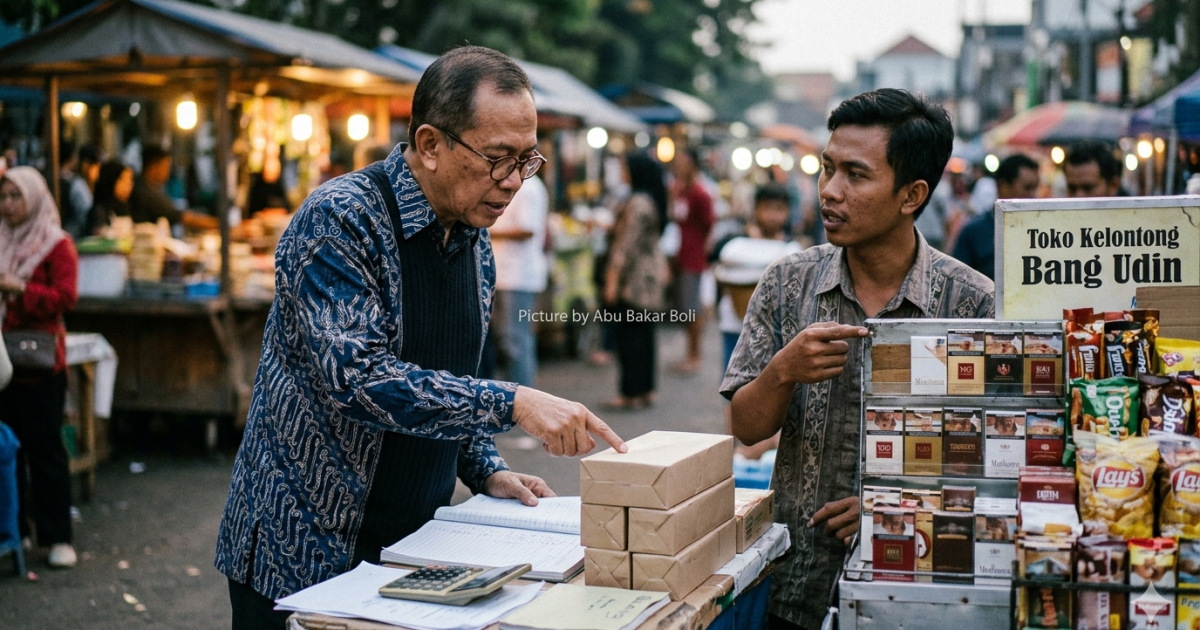 Ilustrasi interaksi antara dua pria di pasar tradisional, di mana satu pria menunjuk ke tumpukan kotak dan buku catatan, sementara pria lain berdiri di samping kios yang menjual rokok dan makanan ringan. (Foto AI/ Abu Bakar Boli)