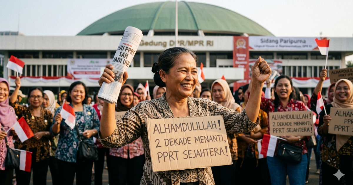 Ilustrasi para pekerja rumah tangga yang bahagia karena usai menunggu dua dekade penantian, DPR RI akhirnya mengesahkan RUU PPRT menjadi UU. (Foto: Gemini/Dayfri)