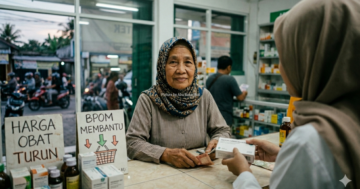 Ilustrasi seorang nenek di apotek Indonesia yang didirikan BPOM sedang membeli obat murah saat harga obat turun. Gambaran ini menangkap momen hangat antara warga dan petugas. (Foto AI/ Abu Bakar Boli)