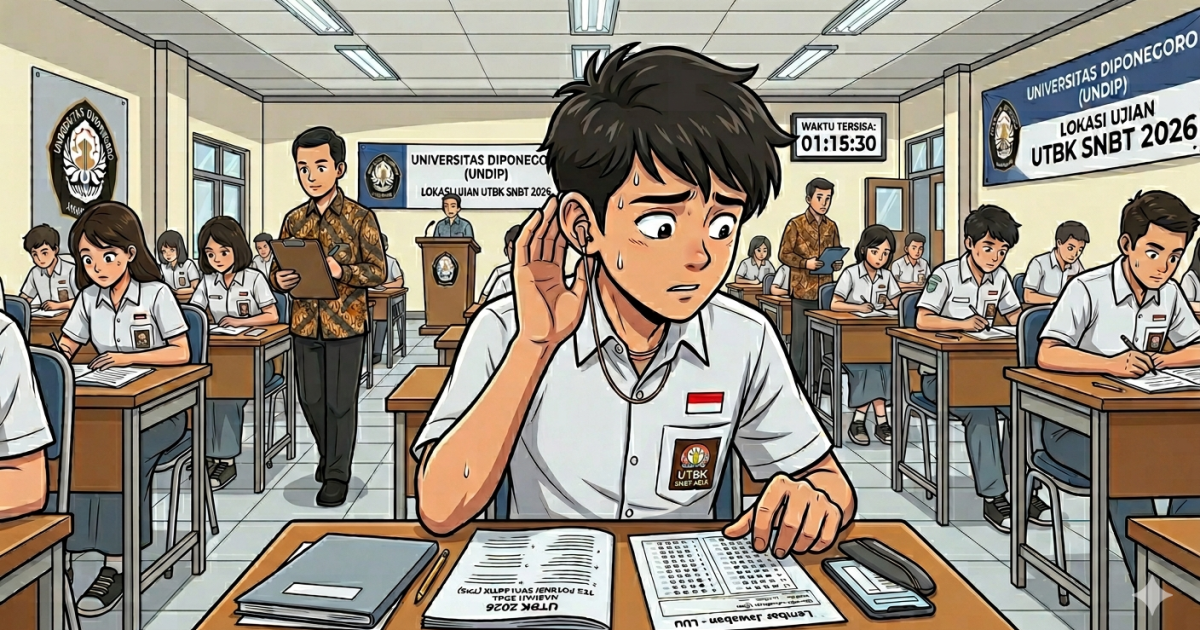 Ilustrasi siswa melakukan kecurangan saat mengikuti UTBK SNBT 2026 di Undip. (Foto: Gemini/Dayfri)
