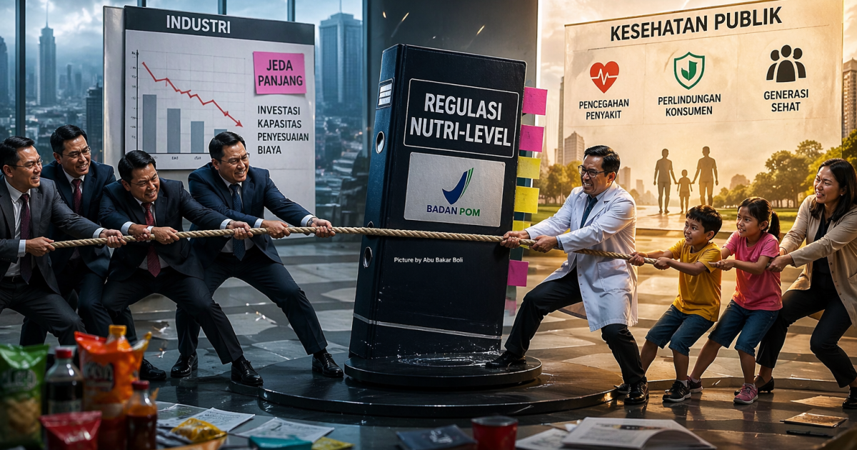 Ilustrasi tarik ulur kepentingan antara industri dan kesehatan publik dalam regulasi nutrisi, menampilkan ketegangan keputusan yang berdampak luas bagi masyarakat (Foto AI/ Abu Bakar Boli)