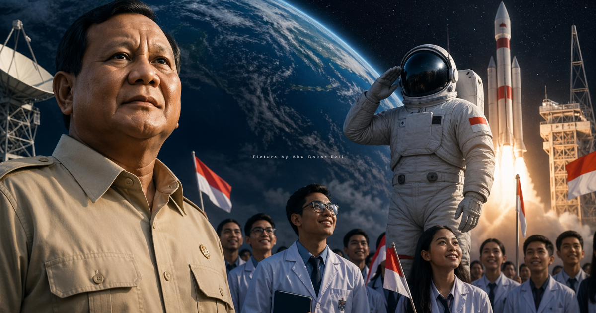 Ilustrasi visi Presiden Prabowo Subianto menatap ruang angkasa, generasi muda bersemangat menyongsong masa depan kosmonot, diiringi peluncuran roket dan harapan besar bangsa (Foto AI/ Abu Bakar Boli)