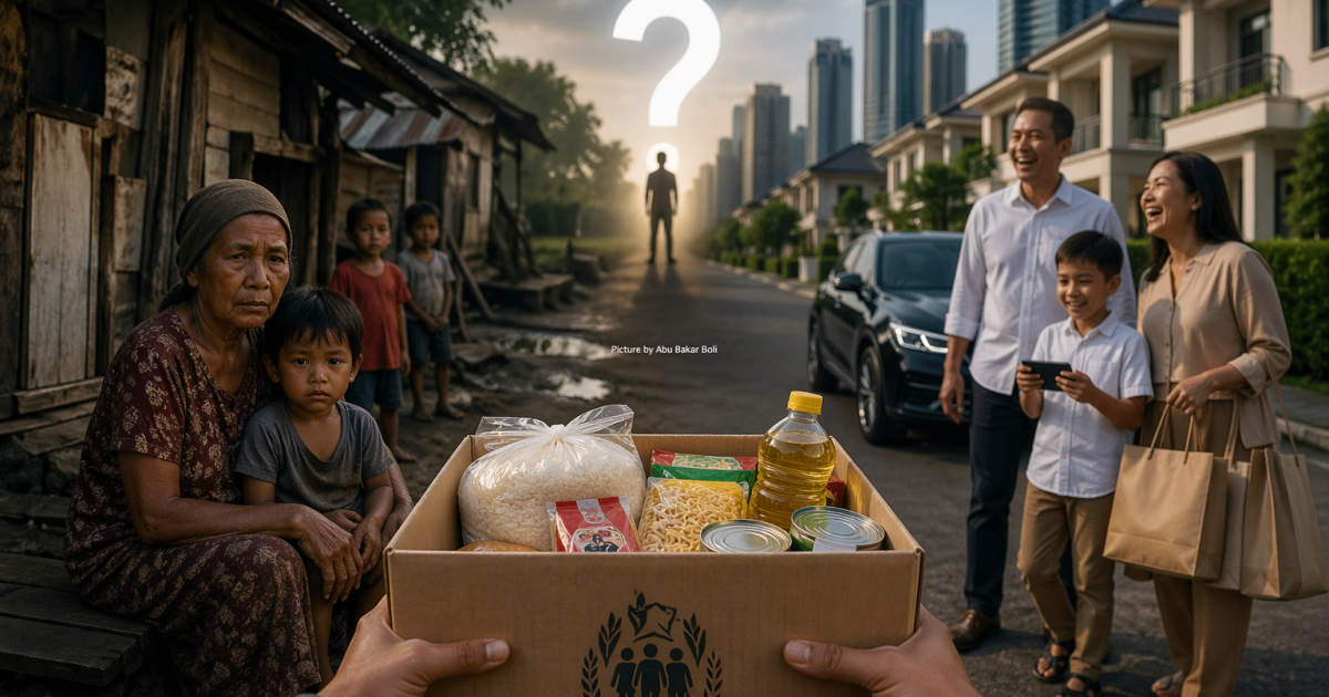 Ilustrasi kontras bansos: warga miskin menanti bantuan di tengah keterbatasan, sementara lainnya hidup sejahtera, menimbulkan tanya soal ketepatan sasaran (Foto AI/ Abu Bakar Boli)