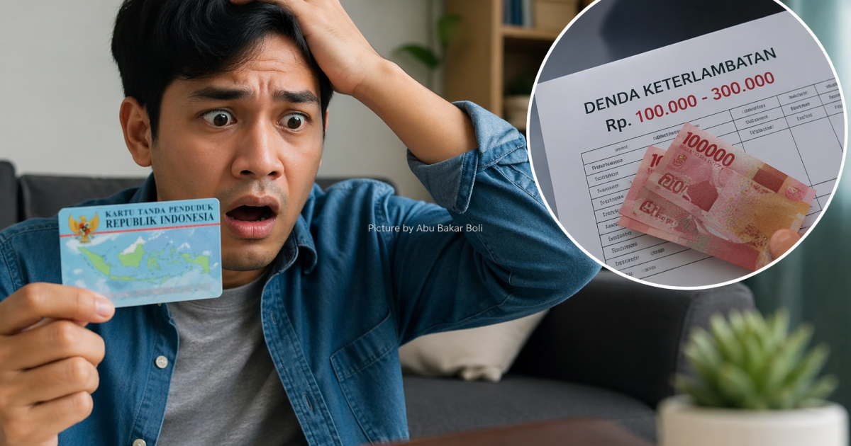 Ilustrasi pria panik saat menyadari e-KTP hilang, dibayangi ancaman denda ratusan ribu rupiah yang membuatnya cemas dan kebingungan (Foto AI/ Abu Bakar Boli)