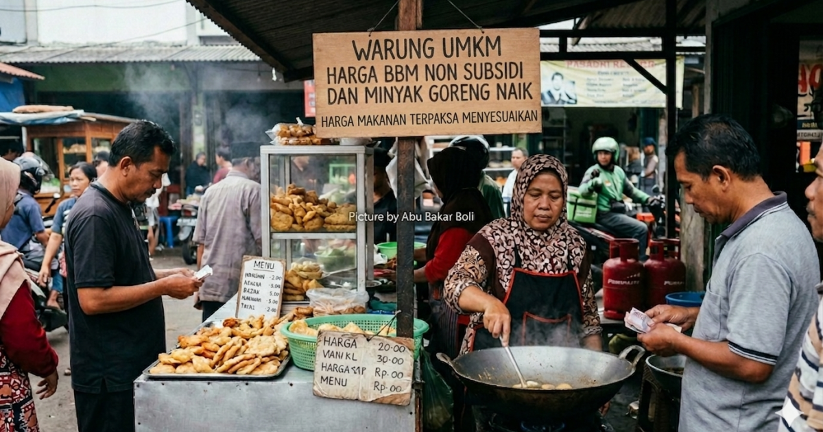 Ilustrasi, potret otentik pasar tradisional Indonesia. Penjual sedang menggoreng di tengah hiruk pikuk pengunjung. Terpampang papan pengumuman tentang penyesuaian harga makanan akibat kenaikan BBM. (Foto AI/ Abu Bakar Boli)