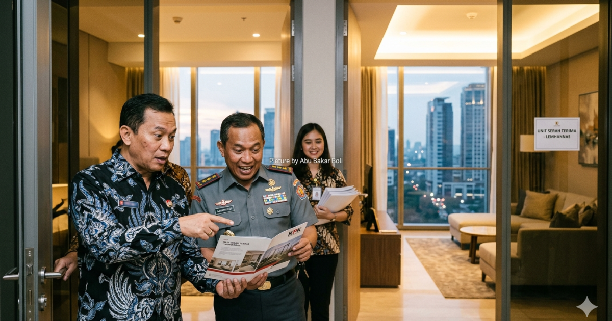 Ilustrasi pejabat negara di sebuah apartemen mewah untuk serah terima unit, dengan pemandangan kota di belakangnya. (Foto AI/ Abu Bakar Boli)