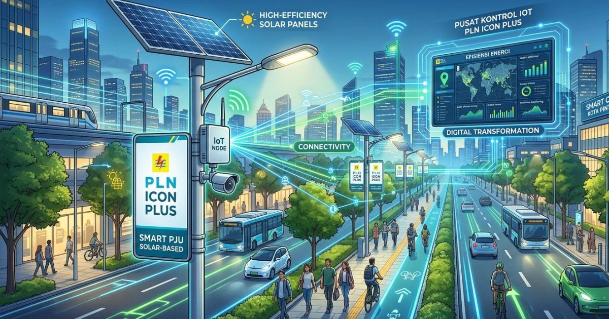 Ilustrasi PLN Icon Plus mengintegrasikan teknologi IoT pada Smart PJU bertenaga surya. (Gemini/Dayfri)