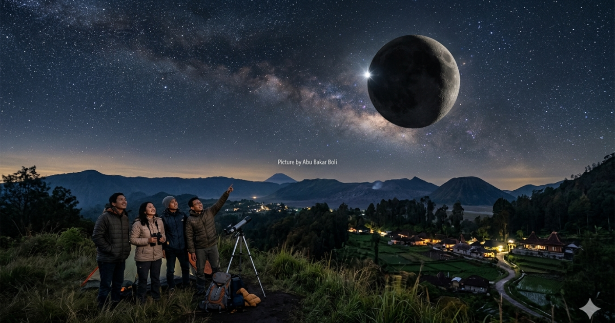 Ilustrasi fenomena gerhana bintang di langit malam Gunung Bromo, disaksikan empat pemuda dengan teleskop. (Foto AI/ Abu Bakar Boli)