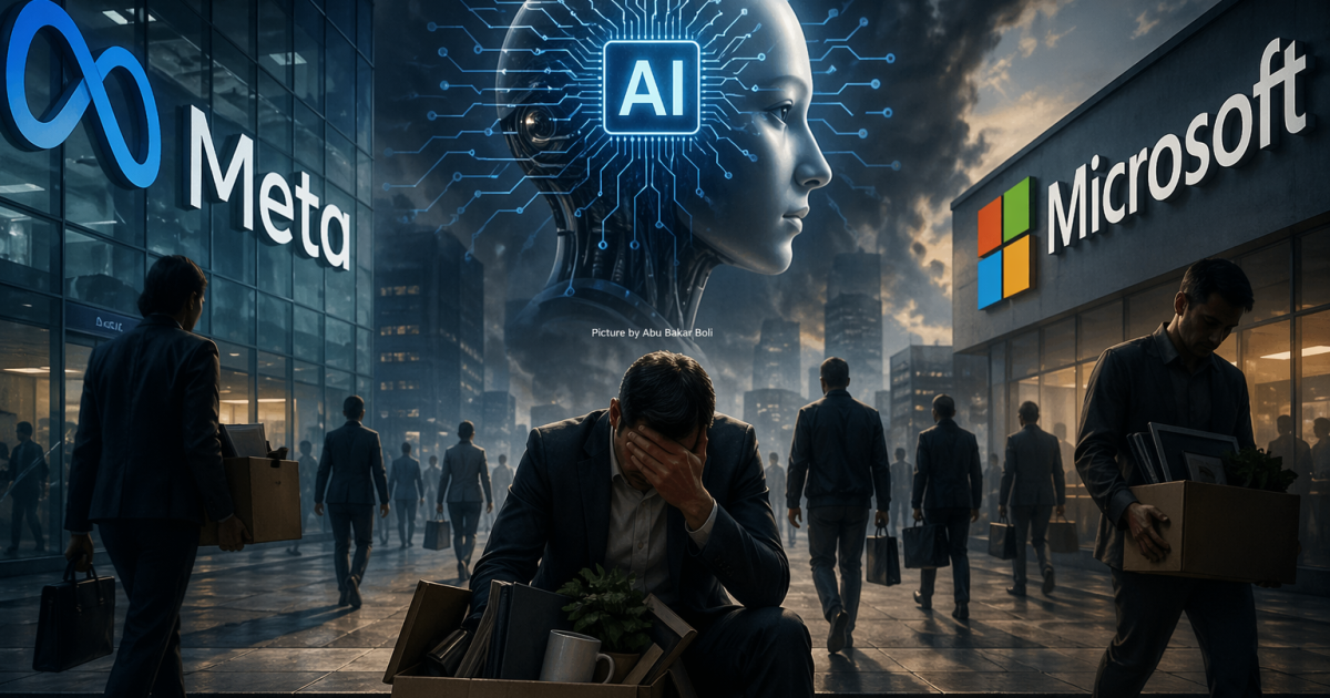 Ilustrasi pekerja terdampak gelombang AI, suasana muram di tengah dominasi teknologi raksasa Meta dan Microsoft, menggambarkan ketidakpastian masa depan kerja (Foto AI/ Abu Bakar Boli)
