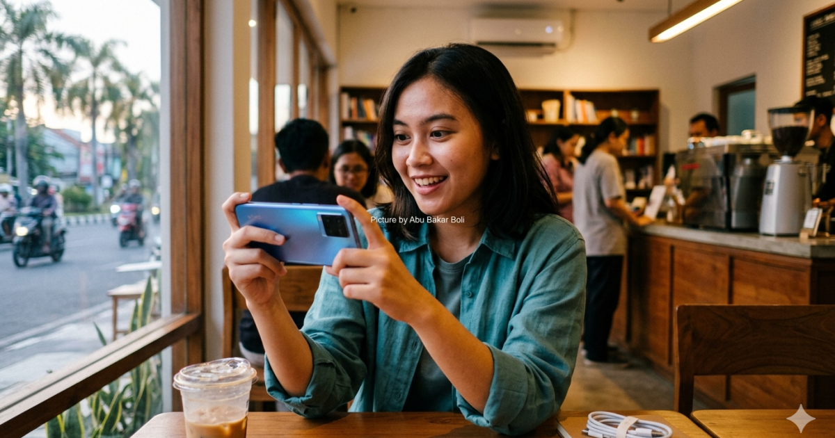 Ilustrasi wanita muda tersenyum bahagia sambil memainkan ponsel di kafe modern yang estetik dan nyaman. (Foto AI/ Abu Bakar Boli)