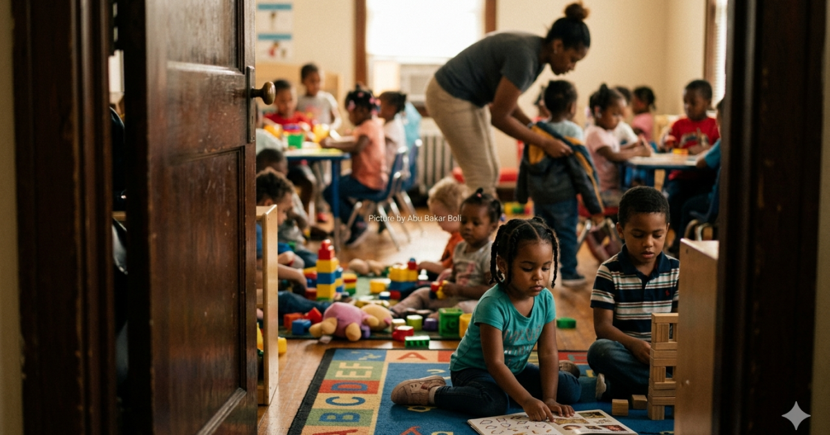 Ilustrasi aktivitas anak-anak yang ceria di Daycare Little Aresha, Yogyakarta. Mereka terlihat asyik bermain dan belajar di ruangan yang nyaman dan aman. (Foto AI/ Abu Bakar Boli)