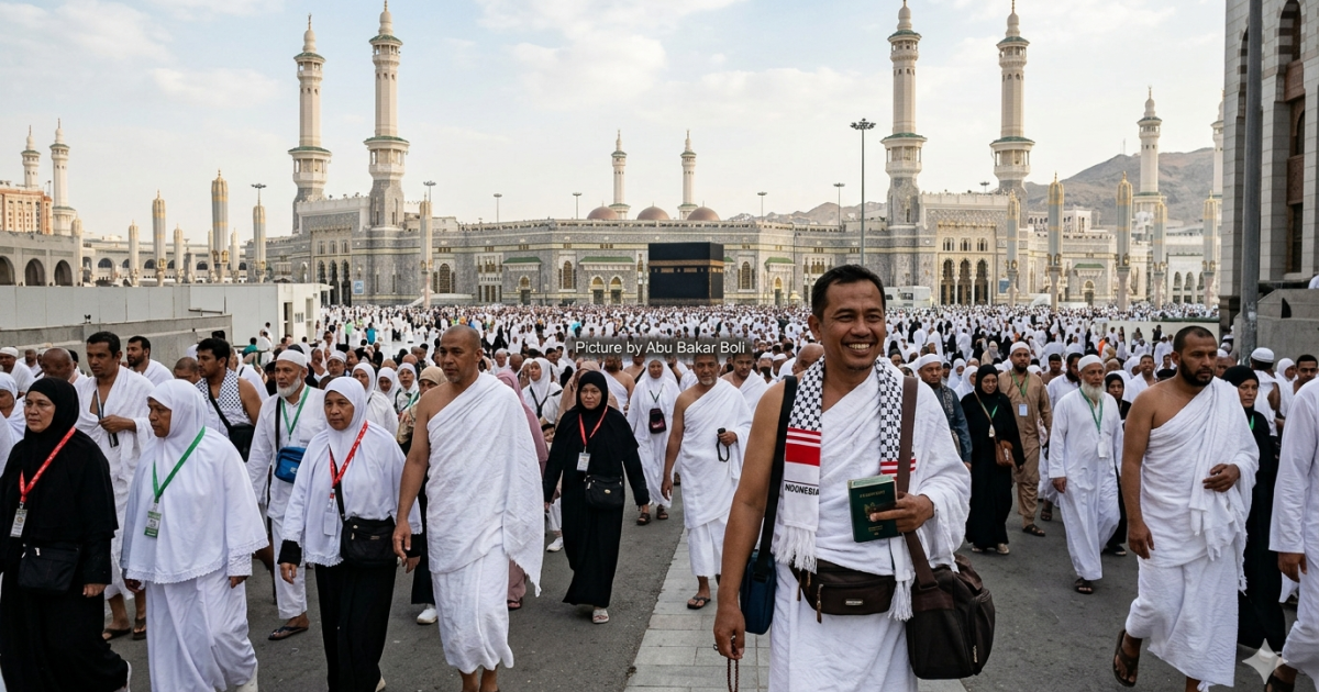 Ilustrasi suasana jemaah haji di Masjidil Haram berjalan menuju Kakbah dengan penuh khusyuk dan bahagia, memancarkan spiritualitas mendalam. (Foto AI/ Abu Bakar Boli)