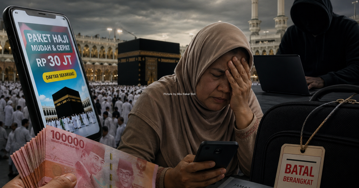 Ilustrasi korban penipuan haji tergiur iklan medsos, wajah cemas dan harapan pupus di tengah bayang sindikat yang merugikan banyak orang (Foto AI/ Abu Bakar Boli)