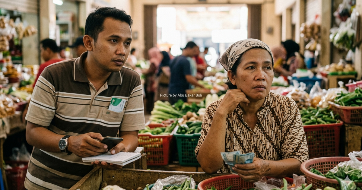 Ilustrasi: Potret dua pedagang di pasar tradisional yang sedang termenung. Raut wajah mereka menyiratkan kekhawatiran dan beban pikiran yang mendalam. (Foto AI/ Abu Bakar Boli)