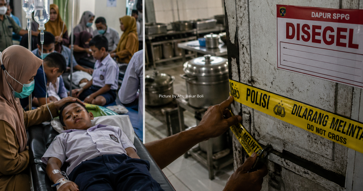 Ilustrasi suasana darurat saat puluhan siswa mengalami reaksi alergi usai makan gratis, dengan dapur terkait disegel aparat, memicu kekhawatiran publik. (Foto AI/ Abu Bakar Boli)