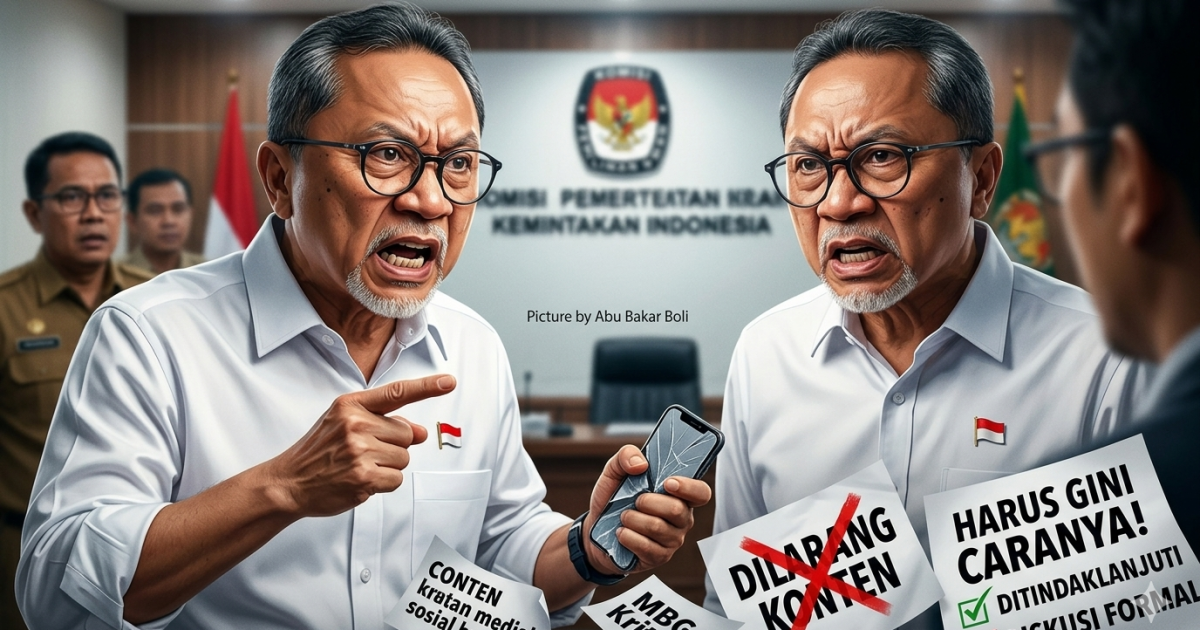 Ilustrasi: Kemarahan Zulkifli Hasan (Zulhaz) terhadap kritik MBG di medsos dan imbauan diskusi formal. (Foto AI/ Abu Bakar Boli)