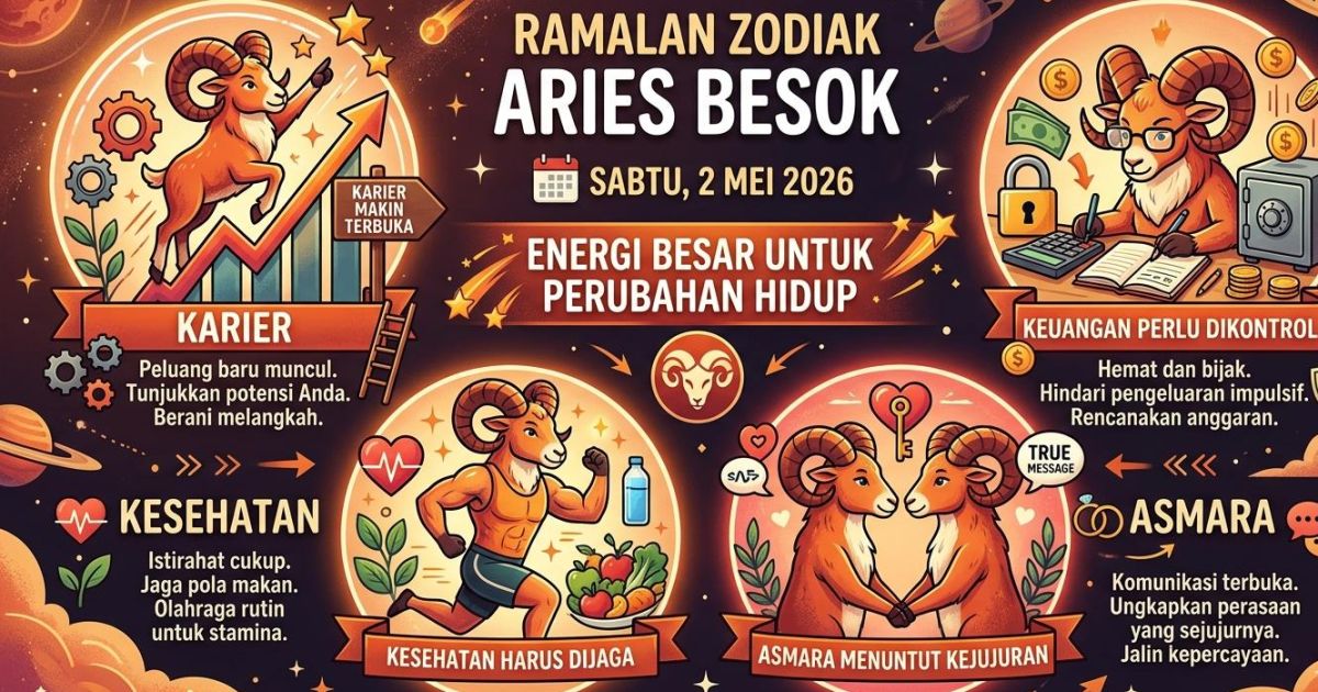 Ramalan Zodiak Aries Besok Sabtu 2 Mei 2026: Rezeki Datang Diam-Diam, Cinta Makin Serius, Karier Buka Jalan Baru!