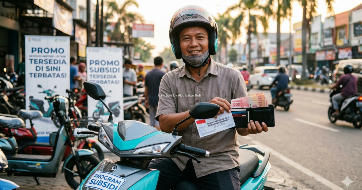 Ilustrasi semangat pria paruh baya Indonesia yang mengendarai motor listrik barunya di jalanan kota yang ramai dengan penuh semangat dan harapan. (Foto AI Abu Bakar Boli)