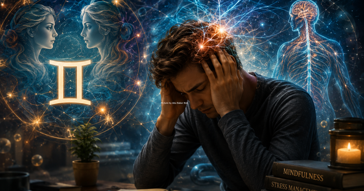 Ilustrasi pria Gemini diliputi tekanan mental dengan visual saraf dan simbol kosmik, menggambarkan kewaspadaan terhadap kesehatan pikiran dan emosi. (Foto AI/ Abu Bakar Boli)